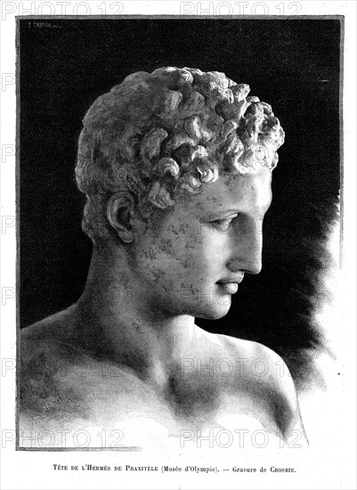Tête de l'Hermès de Praxitèle (musée d'Olympie). Gravure de Crosbie.
