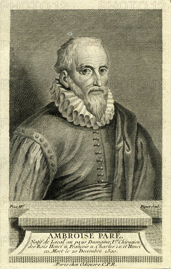 Ambroise Paré, né vers 1510 au Bourg-Hersent, près de Laval et mort le 20 décembre 1590 à Paris, fut un chirurgien et anatomiste français. Ambroise Paré est le chirurgien des champs de bataille, le père de la chirurgie moderne. Il est l'inventeur de nombreux instruments. La généralisation relativement récente de l’usage des armes à feu rend les chirurgiens familiers avec des plaies d'une sorte nouvelle, que l’on cautérise au fer rouge ou à l’huile bouillante au risque de tuer le blessé. Paré met au point la ligature des artères, qu'il substitue à la cautérisation, dans les amputations.