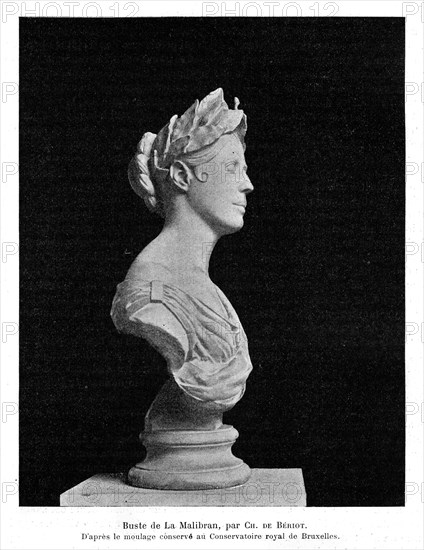 Buste de la Malibran, par Bériot. María-Felicia García, surnommée la Malibran, (24 mars 1808 à Paris - 23 septembre 1836 à Manchester) est une chanteuse dramatique célèbre d'origine espagnole.