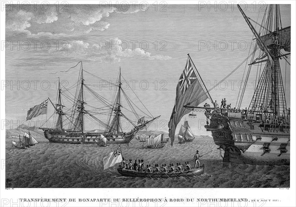 Epopée napoléonienne. Napoléon 1er. Transfèrement de Bonaparte du Bellérophon à bord du Northumberland, le 8 août 1815.