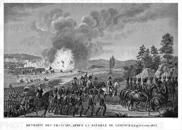Epopée napoléonienne. Napoléon 1er. Retraite de Français après la bataille de Leipsick (Leipzig), le 19 octobre 1813.