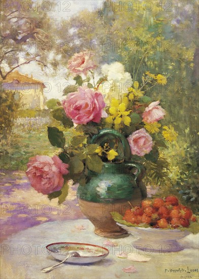 Hippolyte-Lucas, Still Life of Summer Flowers and Fruit