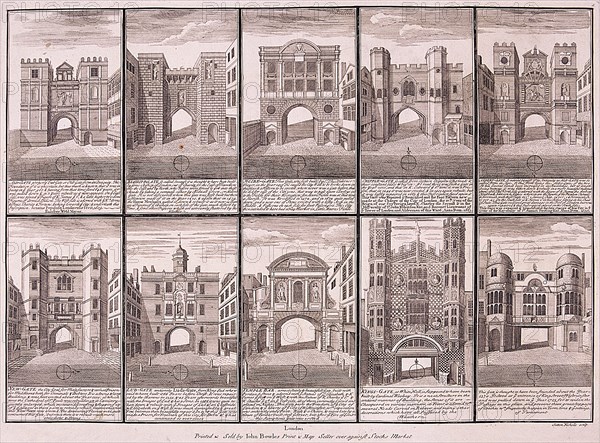 London's ten City Gates, 1720. Artist: Sutton Nicholls