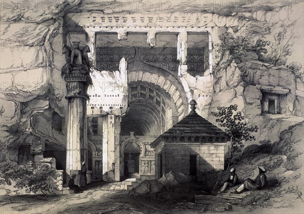 Karli, Entrance of Great Chaitya Cave, 1845. Artist: John Weale