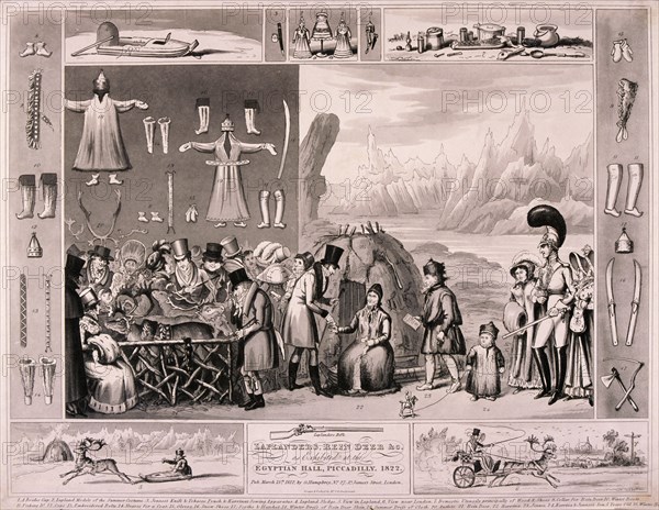 Laplanders on display in the Egyptian Hall, London, 1822. Artist: Isaac Cruikshank