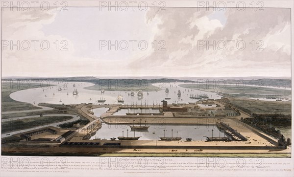 East India Docks, Poplar, London, 1808. Artist: William Daniell