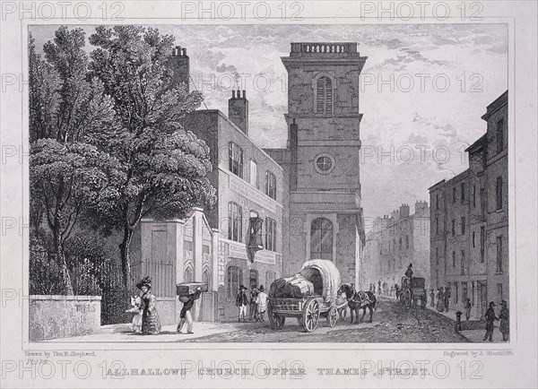 All Hallows the Great, London, c1829. Artist: J Hinchcliff