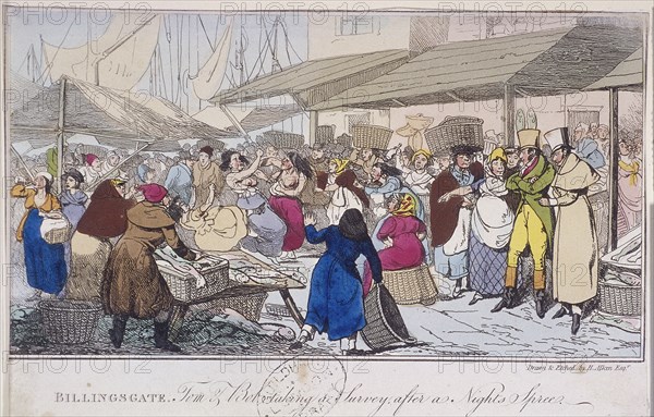 'Billingsgate: Tom and Bob taking a survey after a nights' spree', London, 1820. Artist: Henry Thomas Alken