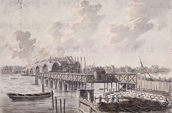 Construction of Blackfriars Bridge, London, c1762. Artist: Francis Grose