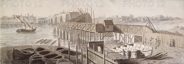 Construction of Blackfriars Bridge, c1762. Artist: Francis Grose