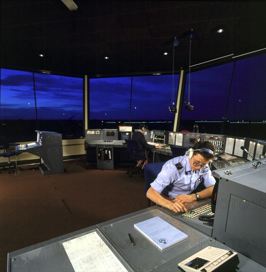 An view of the interior of the Air Traffic Control tower at RAF Leeming, North Yorkshire, 1990