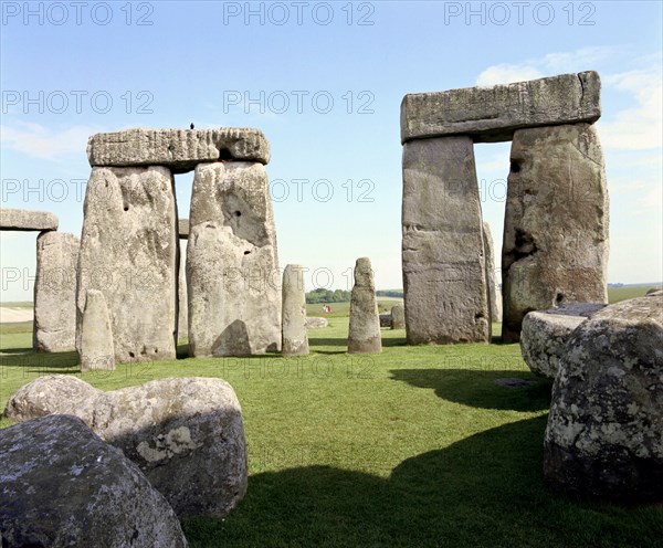 Part of the inner Sarsen horseshoe at Stonehenge, Amesbury, Wiltshire, 2000