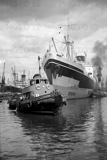 Persic' being guided up Woolwich Reach, London, c1945-c1965