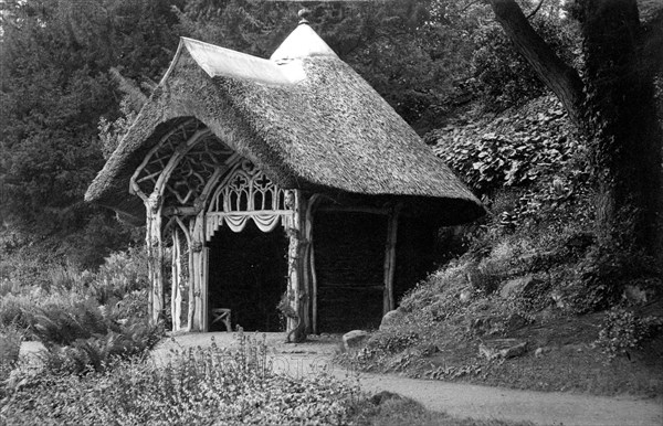 Rustic thatched summerhouse, Belvoir, Leicestershire, c1900