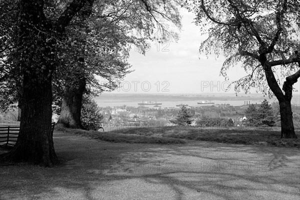 View down towards the River Thames and Gravesend Reach, Kent, c1945-c1965