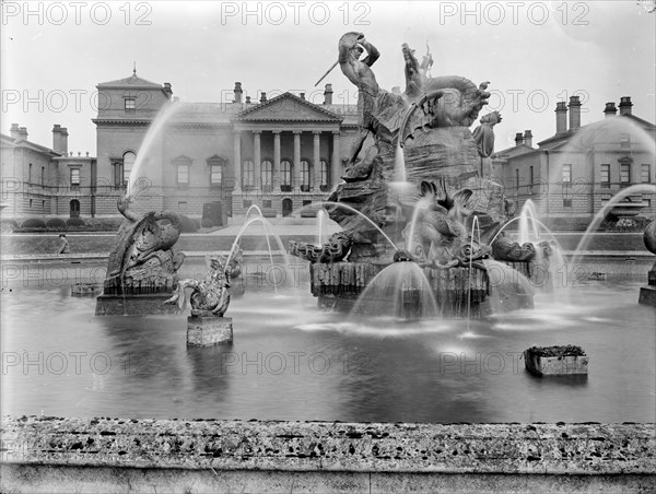 A fountain with sculpture depicting Perseus and Andromeda at Holkham Hall, Norfolk, February, 1929