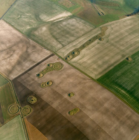 Aerial view showing the remains of barrows in the landscape around Normanton Down, Wiltshire, 2000
