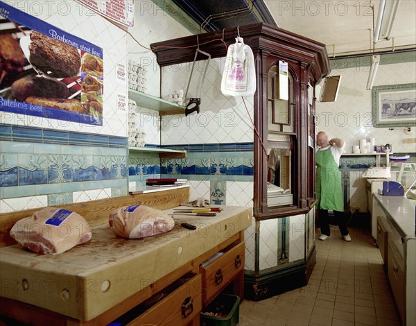 Inside A Scarratt's butcher's shop at 47 High Street, Ilfracombe, Devon, 2000