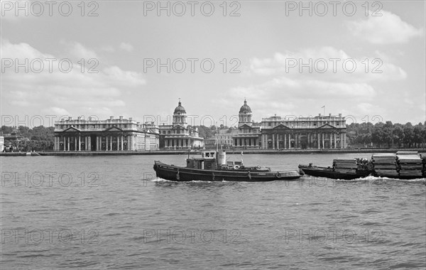 Royal Naval College, Greenwich, and tug boat on the River Thames, c1945-c1965