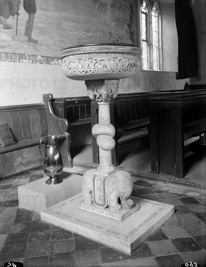 Font in the church of St John the Baptist, Lea, Herefordshire