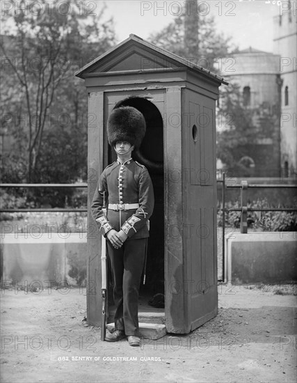 A Coldstream Guard at his sentry box, c1870-c1900