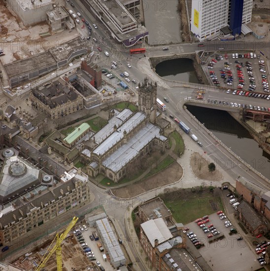 An aerial view of Manchester Cathedral, 2001