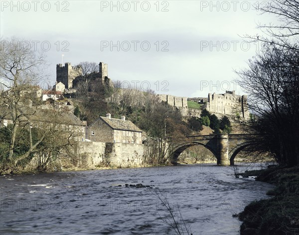 Richmond Castle and bridge from the south west, North Yorkshire, 1987