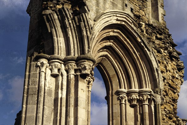 Stone carving around the east end window arch of the church, Kirkham Priory, North Yorkshire, 1993