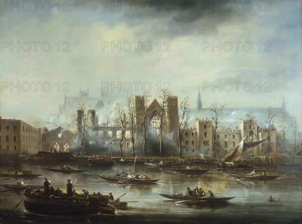 'The Palace of Westminster from the River after the Fire of 1834', c1834. Artist: Unknown