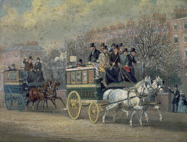 'A Street Scene with Two Omnibuses', 1845.  Artist: James Pollard