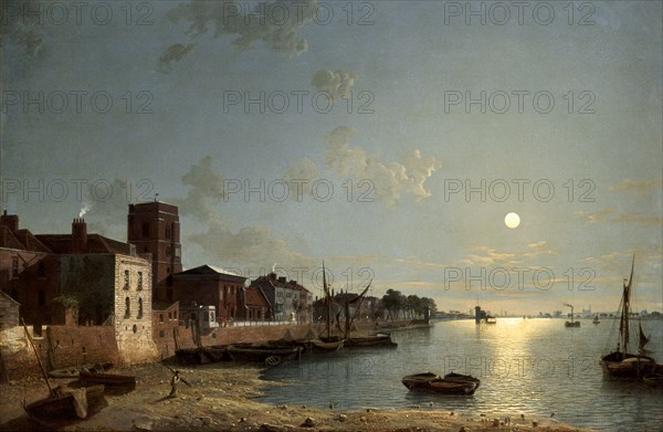 'Cheyne Walk in Chelsea, by Moonlight', c1850. Artist: Henry Pether