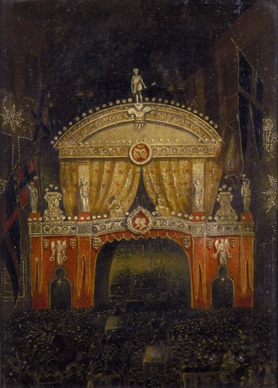 'Temple Bar Illuminated for the Marriage of the Prince of Wales, 11 March 1863'. Artist: Unknown