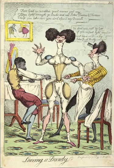 'Lacing a Dandy', 1819. Artist: Unknown