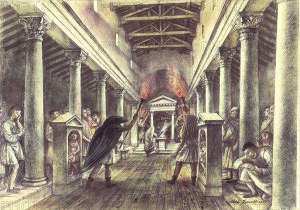 Interior of the Temple of Mithras. Artist: Unknown