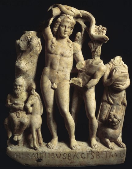 Sculpture depicting Bacchus with Silenus, a satyr, maenad and panther. Artist: Unknown