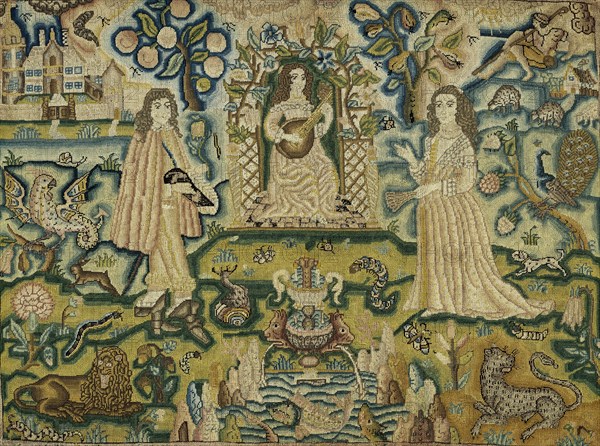 An embroidered panel with a woman playing a guitar, 17th century. Artist: Unknown