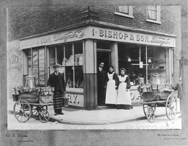 People outside the Bishop & Son Dairymen, Blackfriars Road, City of London, (c1900?). Artist: Unknown