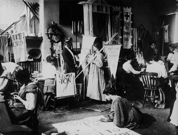 Suffragettes making banners for the procession to Hyde Park on 23rd July 1910. Artist: Unknown