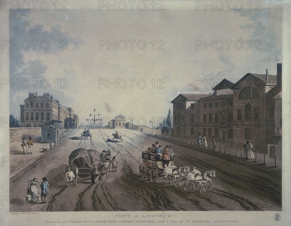 Hyde Park Corner Turnpike, London, 1790. Artist: Dagaty