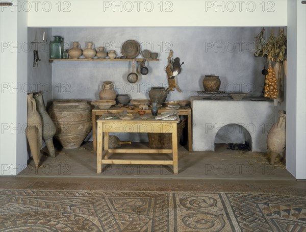 Reconstruction of a Roman kitchen. Artist: Unknown