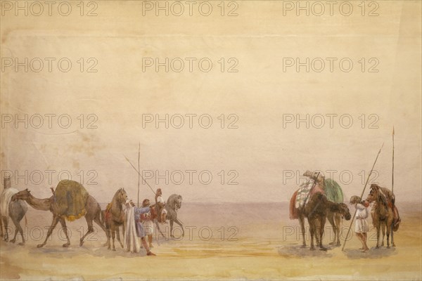 Men with camels and horses; part of the London to Hong Kong Panorama. Artist: Unknown