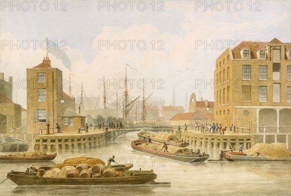 Regent's Canal entrance gates at Limehouse, Tower Hamlets, London, 1823. Artist: Thomas Hosmer Shepherd