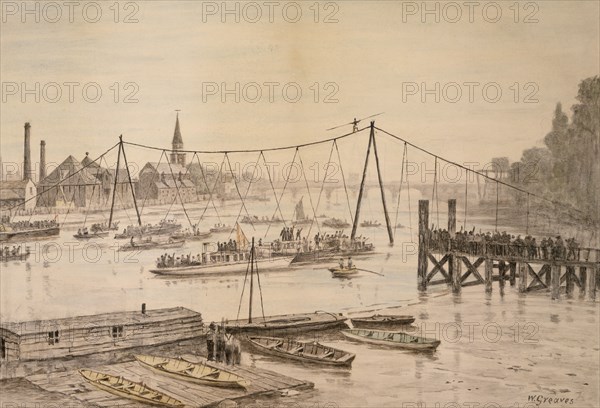 Charles Blondin crossing the Thames on a tightrope, London, before 1897.  Artist: Walter Greaves
