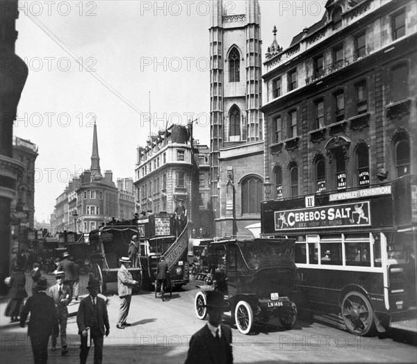 Traffic in Bow Lane, City of London, c1920s. Artist: Unknown