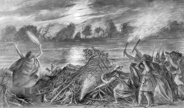 Funerary rites on the bank of the River Thames during the late Bronze Age, 1974. Artist: Han Sorrell