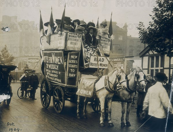 Votes for Women cart, October 1909. Artist: Unknown