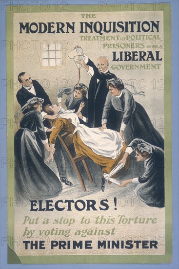 A suffragette prisoner being force-fed, 1910. Artist: A Patriot