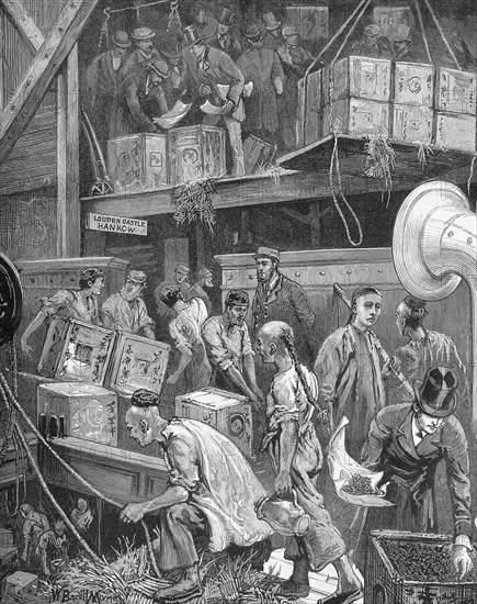 Unloading a cargo of tea, c1871-c1890. Artist: William Bazett Murray