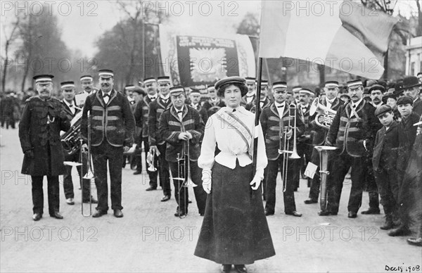 Daisy Dugdale leading the procession to welcome Emmeline and Christabel Pankhurst, London, 1908. Artist: Unknown