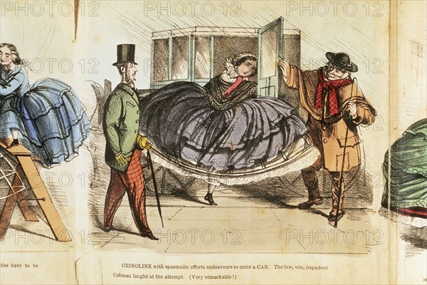 Woman struggling to enter a cab, c1860. Artist: Unknown